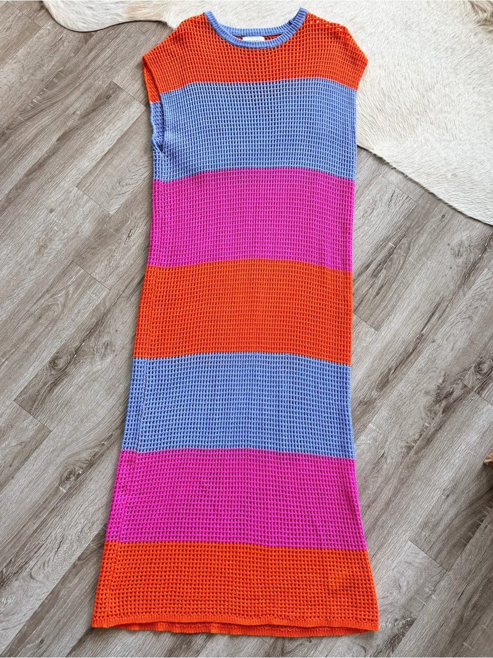 FRNCH Sleeveless Stripe Knit Maxi Dress in Orange, Blue & Pink